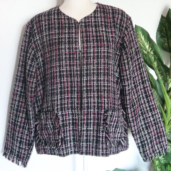 Chico’s Black Pink Tweed Plaid Jacket Blazer Office Career Fall Winter L Large - Picture 14 of 15
